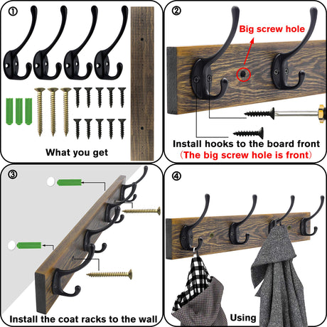 IBosins Wall Mounted Coat Rack, Entryway Hanging , Metal Wood Rack with 4 Black Literary Rustic Hooks Rail for Scarf, Bag, Towel, Key, Cap, Cup, Hat (Brown) IBosins
