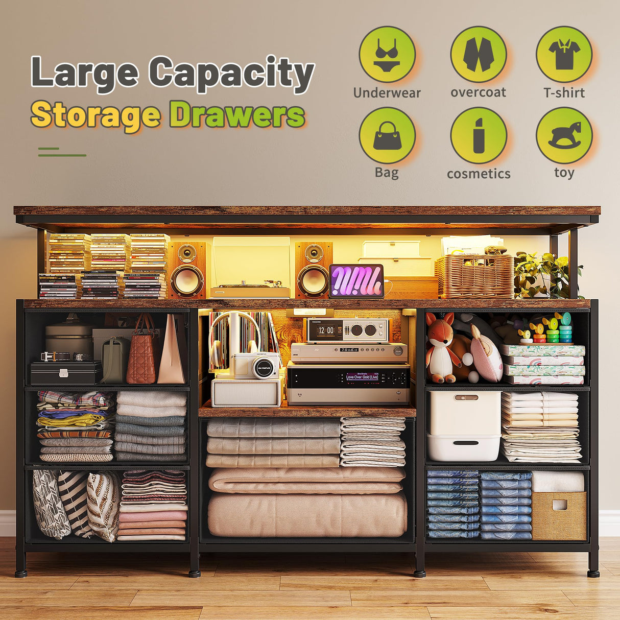 EnHomee Dresser TV Stand for Bedroom with LED Lights & power outlets for 55" TV Stand Dresser for Bedroom Entertainment Center with 7 Fabric Drawers and Wood Shelves for Living Room, Rustic Brown EnHomee