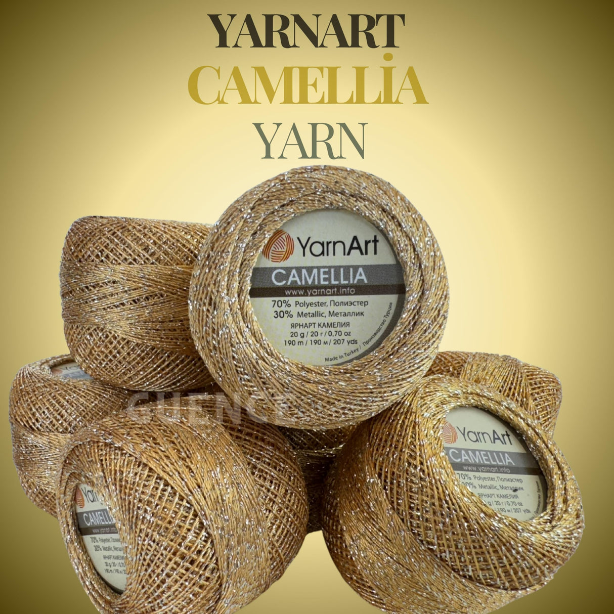 Yarnart Camellia Metallic Shimmer Fine Yarn - 70% Polyester, 30% Metallic, 192m, 20g, Crochet Thread, Lace, Embroidery, Jewelry Making, and Decorative Craft Yarn, 1.25mm Hook (Gold) YarnArt