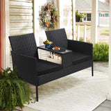 Kromax Wicker 2 Seat Patio Loveseat, Outdoor Rattan Loveseat with Table, Washable Cushion Covers, Backyard, Garden, Lawn, Black Rattan with Black Cushion Kromax