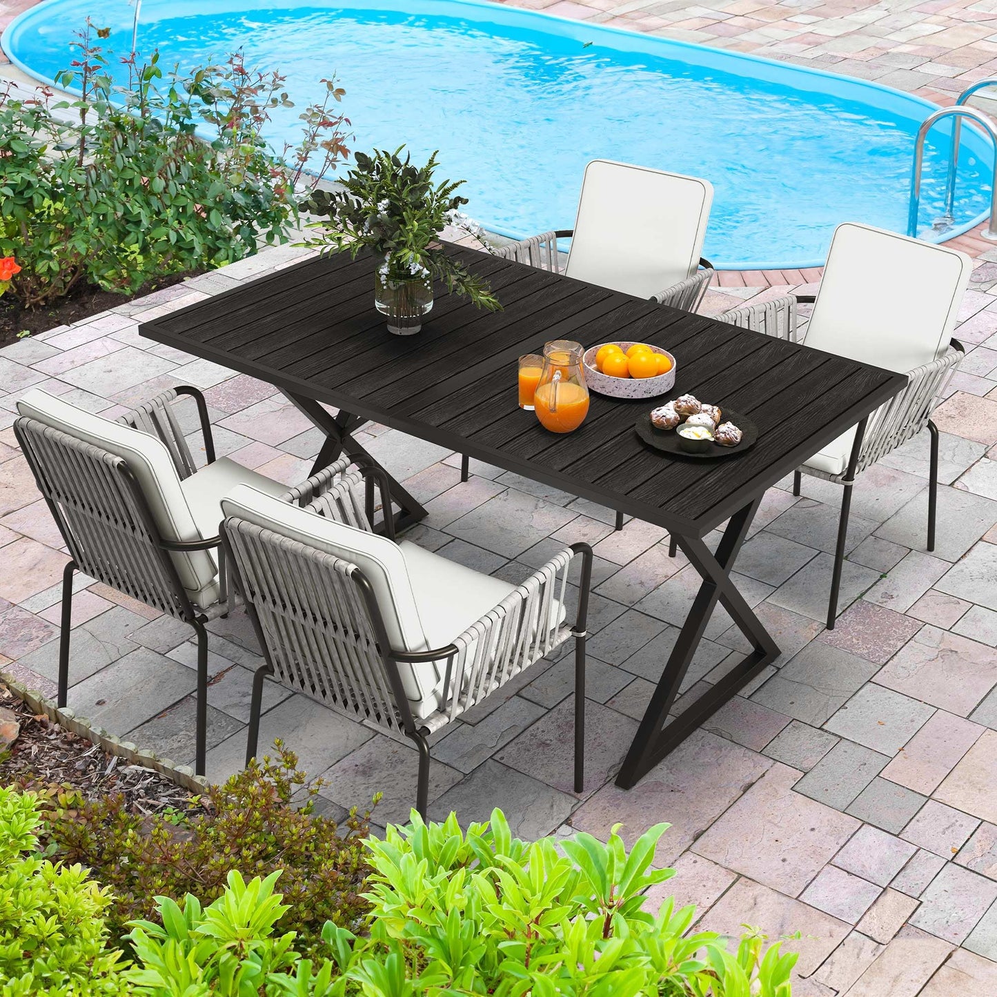 YITAHOME 5 Piece Patio Dining Set Outdoor Furniture Stackable All-Weather Comfortable Rope and Rattan Chairs Metal Frame with Faux Wood Tabletop for Courtyard Backyard Poolside Balcony, Black - WoodArtSupply