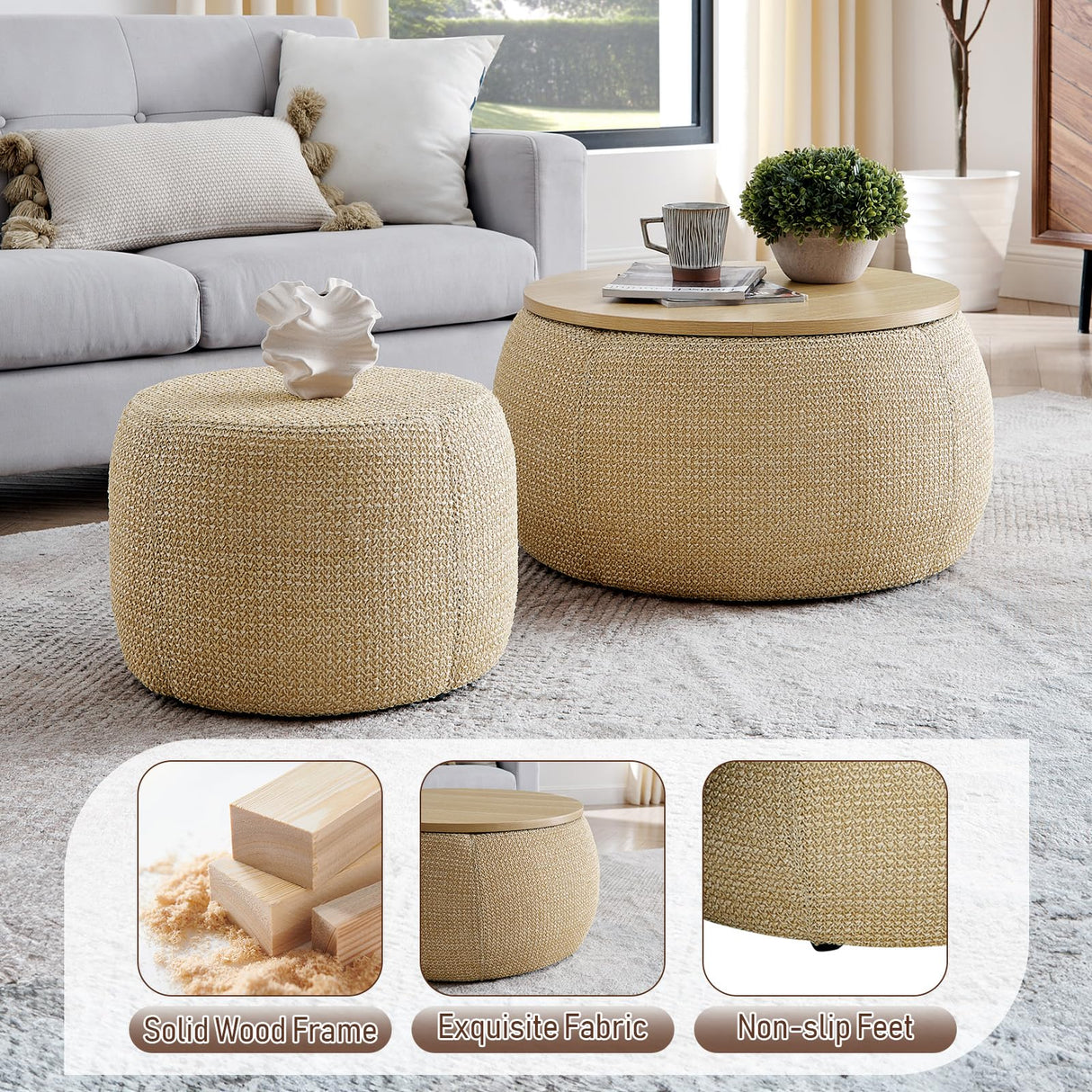 Round Ottoman with Storage Set of 2, 25" Large Upholstered Storage Ottoman Set Coffee Table with Removable Wood Tray, Modern Circle Foot Stool Padded Bench Ottomans for Living Room (Natural) TTK