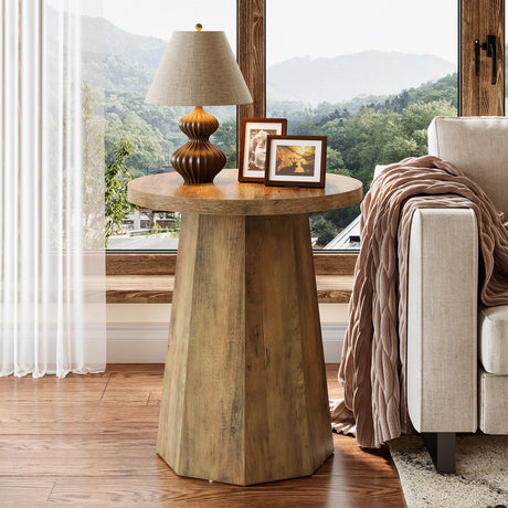 Tribesigns Farmhouse Round End Table, Wooden Couch Side Table with Octagonal Base, Rustic Brown Nightstand Pedestal Accent Furniture for Living Room, Bedroom (1) Tribesigns