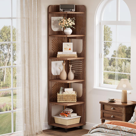 Tribesigns 6-Tier Tall Corner Shelf, 71-Inch Rustic Narrow Corner Bookshelf Bookcase with Square Rack, Freestanding Corner Display Storage Shelf Organizer for Living Room, Kitchen, Office, Brown Tribesigns