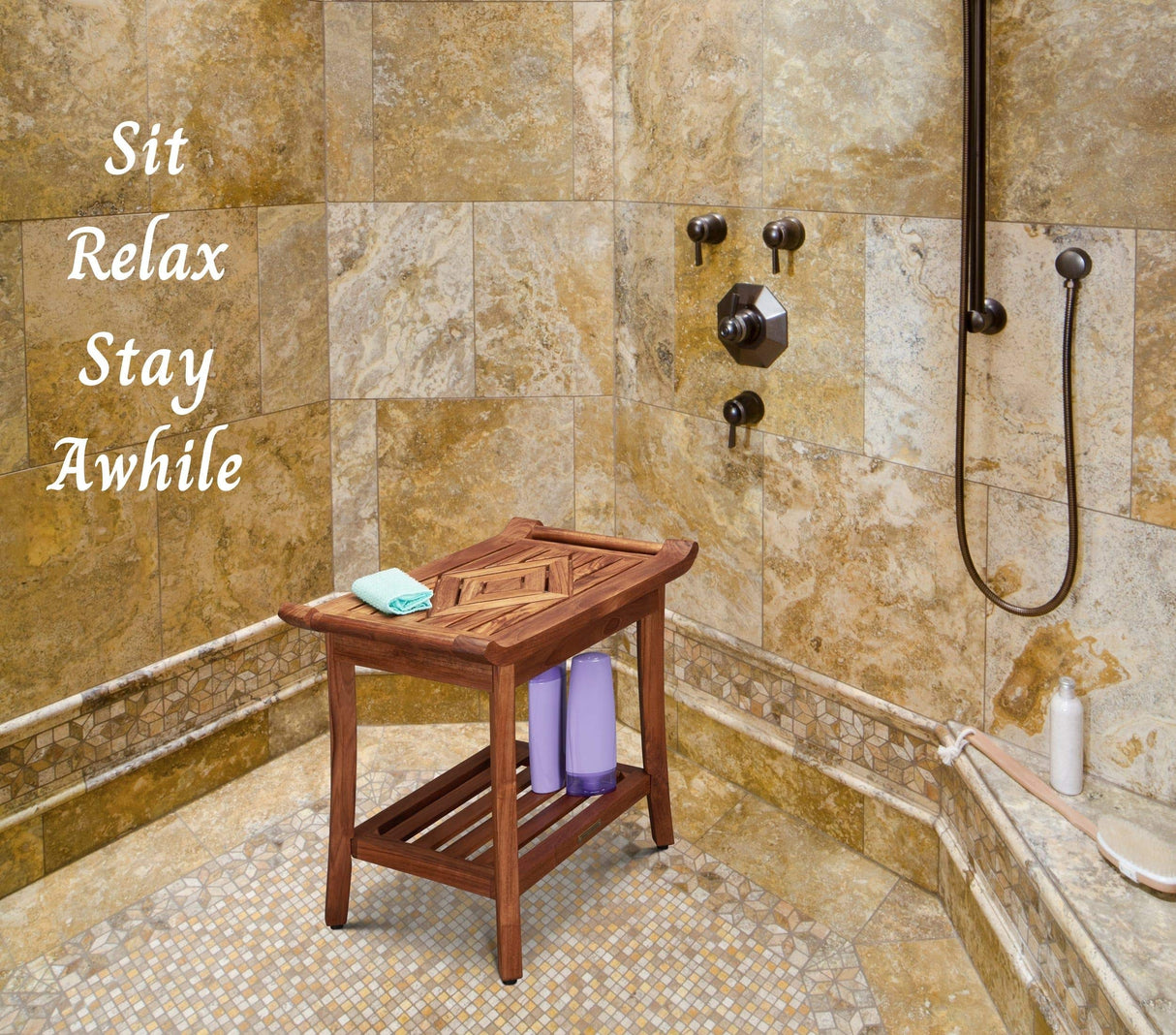 Luxury Teak Shower Bench Stool Seat Chair with Leveling Feet, Waterproof, Teak Oil Finish, Large, 25x19x14, for Bathroom, Spa, Sauna, Pool Deck, Patio, Garden, RV, from Our Diamond Collection Teak Culture