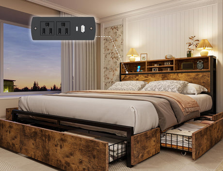 EnHomee Queen Bed Frame with 6 Storage Drawers, Bed Frame Queen Size with Headboard & Charging Station, No Noise,No Box Springs Needed,Vintage Brown EnHomee