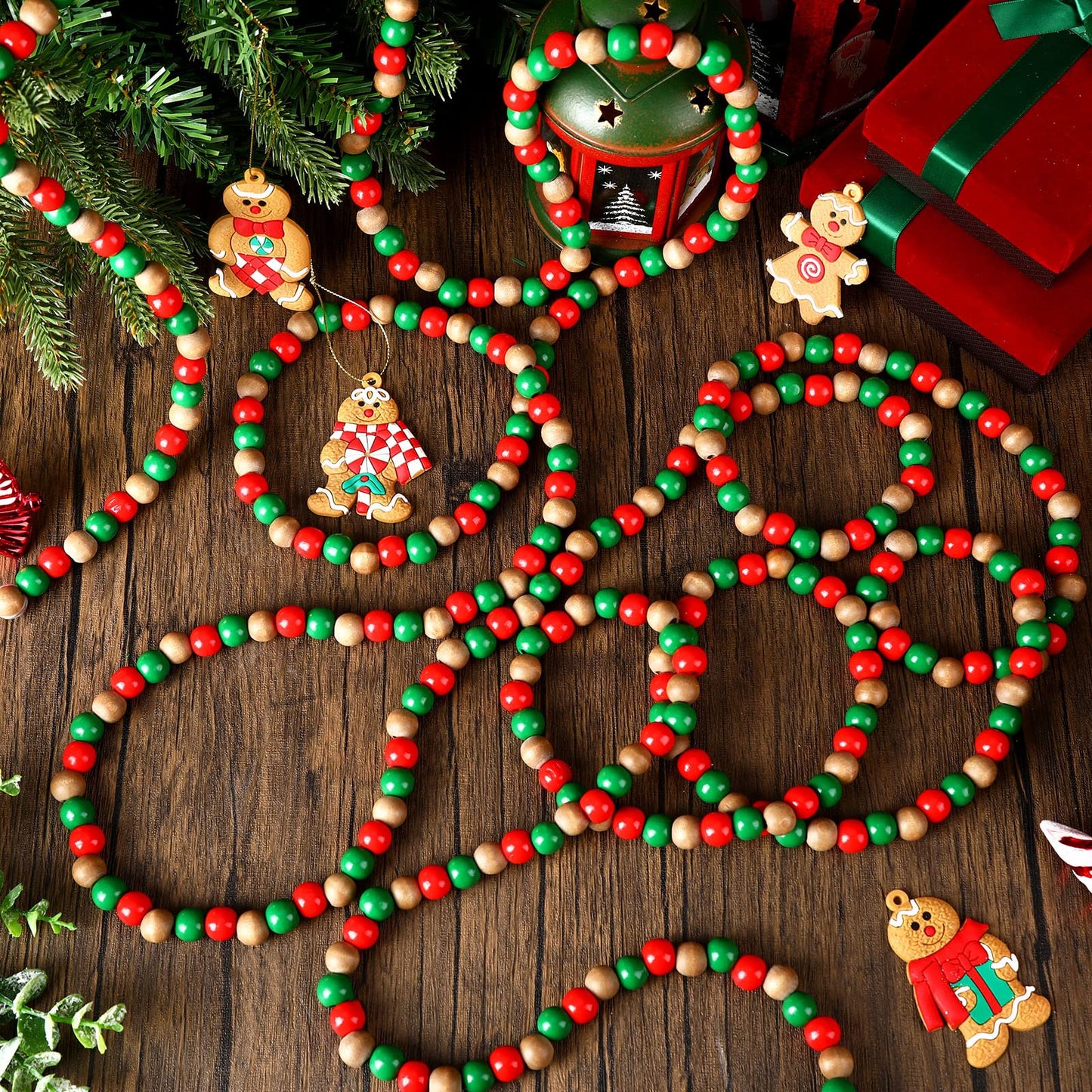 16 Feet Christmas Wooden Bead Garland Christmas Wood Red and Green Bead Garland Decor Xmas Candy Cane Decoration Farmhouse Rustic Bead Tree Decoration for Holiday Party