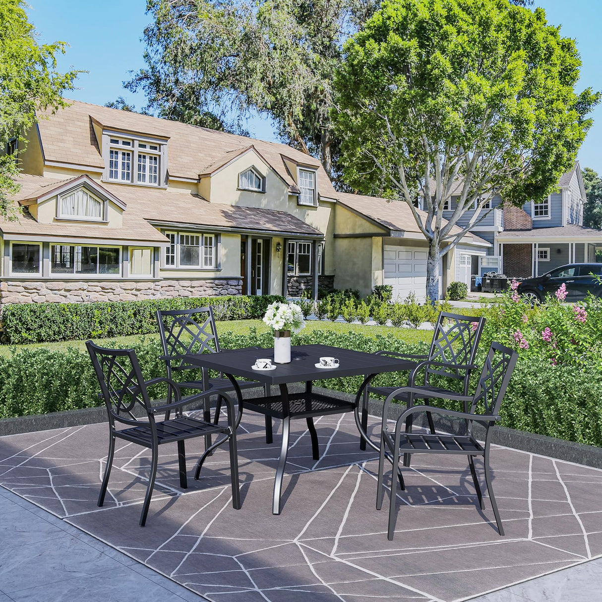 Crownland 5 Piece Outdoor Dining Set, Patio Metal Dining Sets, 4 Stackable Metal Chairs and Square Outdoor Dining Table with 1.57" Umbrella Hole, for Backyard, Lawn, Garden (Classic Black) Crownland