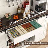 Farmhouse Coffee Bar Cabinet with LED Light, Charging Station & Sliding Barn Doors - 63"W x 71"H Large Wine Rack, Built-in Liquor Dispenser, Glass/Mug Holders for Kitchen, Living Room, Hallway chartustriable