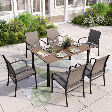 MIXPATIO 7-Piece Outdoor Dining Set 6 Brown Textilene Chairs and Teak Color Tabletop Outdoor Dining Table with 1.57"~2" Umbrella Hole for Deck Garden Backyard MIXPATIO