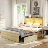 Natural Rattan Boho Queen Bed Frame with Storage Drawers, Charging Station, and LED Lights - PAKASEPT PAKASEPT