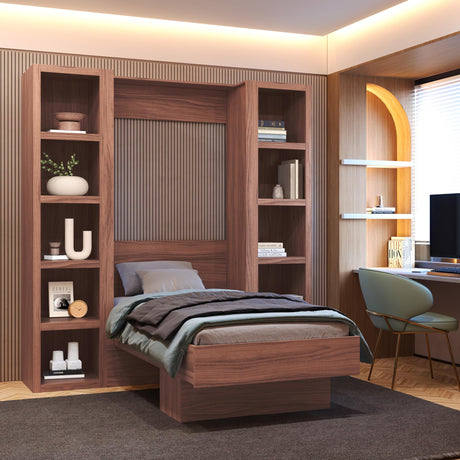 Oakland Living Easy-Lift Twin Murphy Wall Bed in Natural Brown Wood Grain with Two Bookshelves Oakland Living