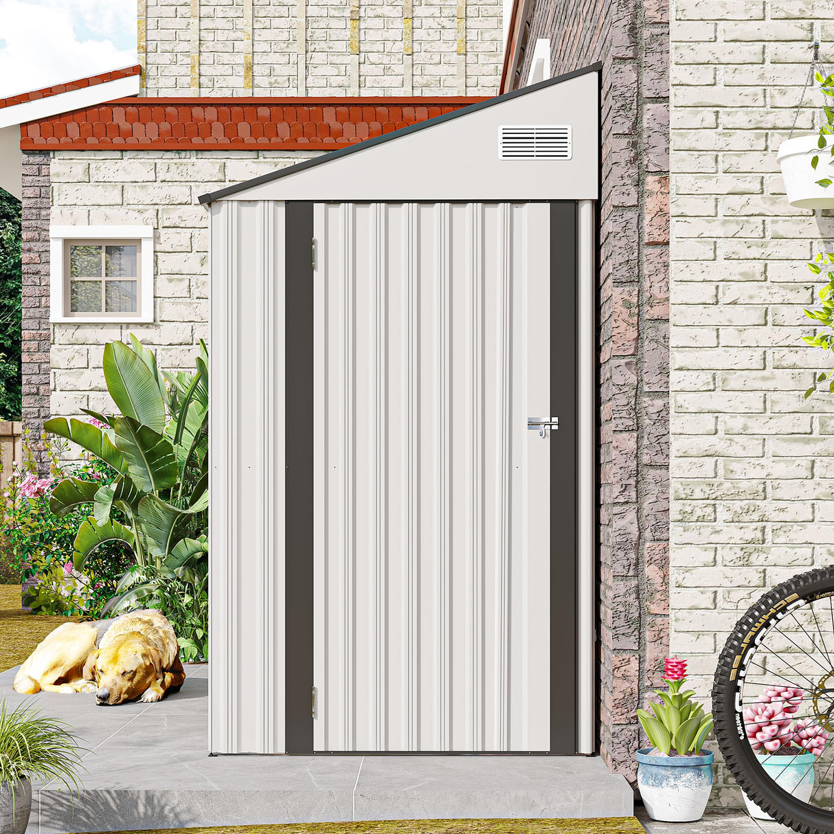 4x8 FT Outdoor Storage Shed, Metal Garden Shed with Lockable Hinged Door, Lean to Shed with 6 Air Vents, Outside Tool Shed with Sloped Roof, Waterproof Storage Building for Backyard, Patio, White BNSPLY