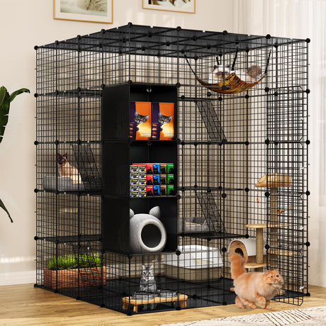 YITAHOME Cat Cage Indoor Large with Storage Cube DIY Outdoor Catio Cat Enclosures Metal Cat Playpen with Hammock Platforms for 1-4 Cats 5 Tiers Cat Kennel YITAHOME