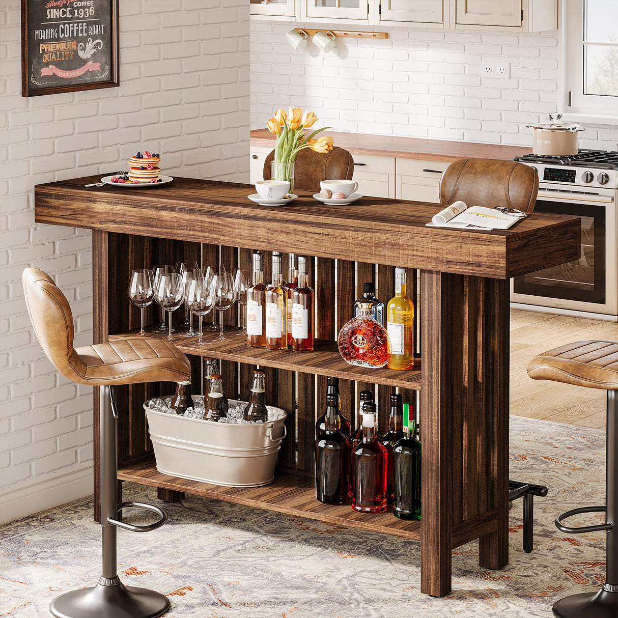 Tribesigns Large 2-Tier Bar Table, 63-Inch Mini Pub Table with Footrest, Rectangular Modern Coffee Bar Cabinet Counter Height Table for Home Kitchen, Bistro, Dining Room, Living Room, Rustic Brown Tribesigns