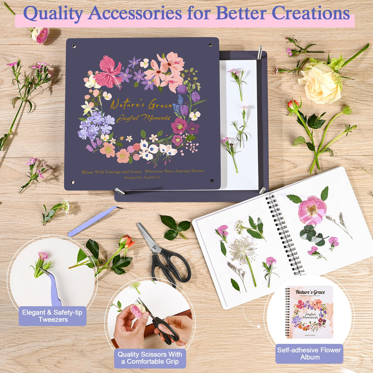 Joy&Grace Flower Press Kit for Adults & Kids, with Designed Cover and DIY Album, 10.9" x 10.9" 10 Layers Flower Preservation Kit, Plant Press and Large Plant Drying Toolkit (Color Box, Purple Navy) Joy&Grace