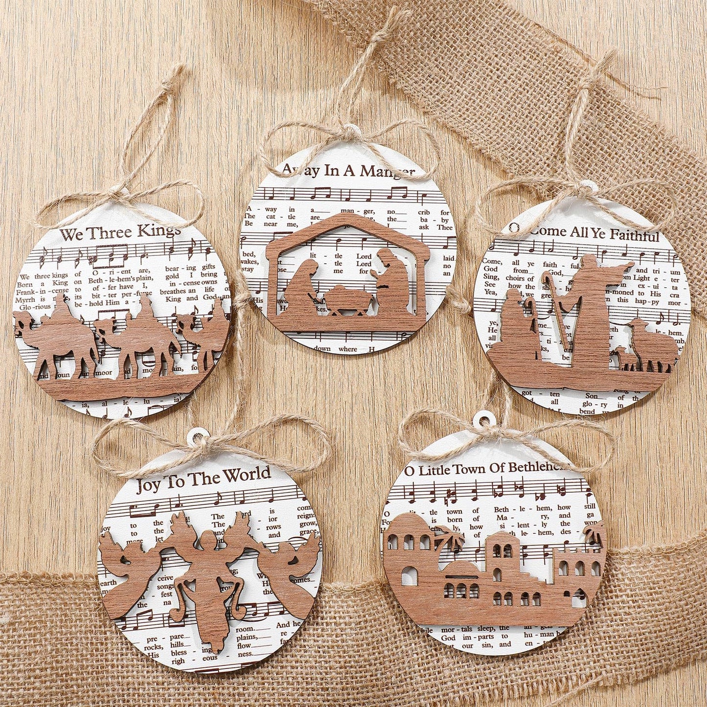 Shellwei 24 Pcs Christmas Nativity Story Wooden Ornaments Set Bulk Christian Music Sheet Nativity Ornament Nativity Scene Hanging Ornaments Xmas Tree Ornaments Religious Gift for Family(Delicate)