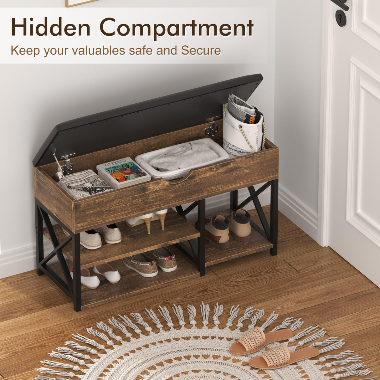 NUNU LAB Shoe Storage Bench, Multifunctional Entryway Bench with 3-Tier Shoe Rack & Cushioned Seat, Shoe Rack for Front Door Entrance, Brown NUNU LAB