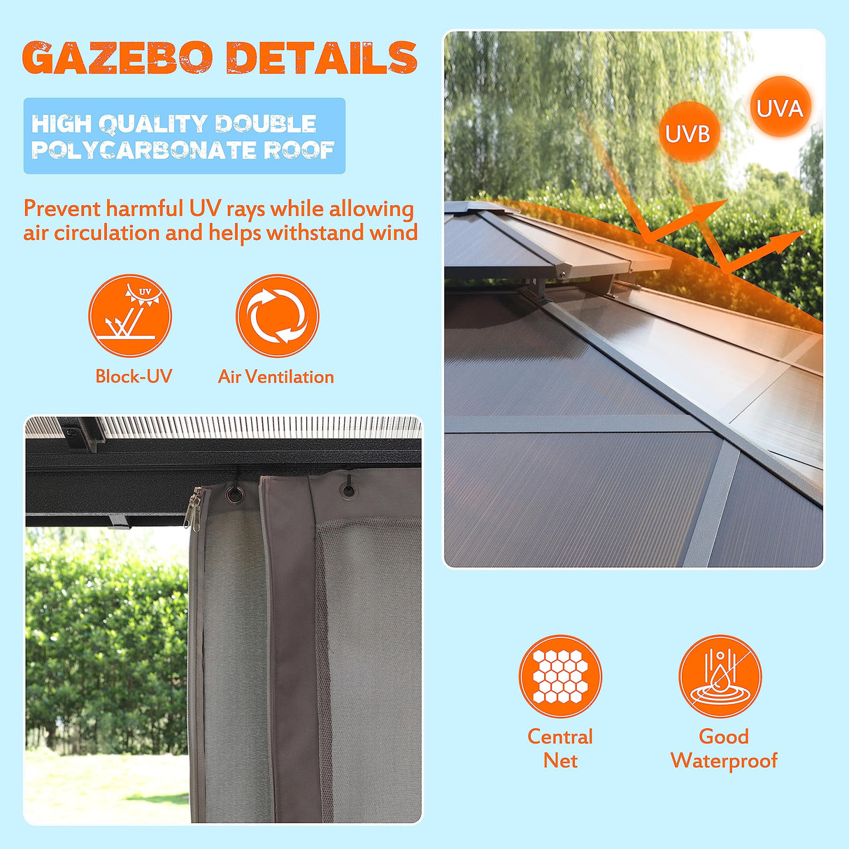 Yardenaler Outdoor 10x13 FT Hardtop Gazebo Canopy with Double Polycarbonate Roof, Permanent Outdoor Pavilion with Curtain & Mesh Netting for Patio, Garden, Backyard, Black Yardenaler