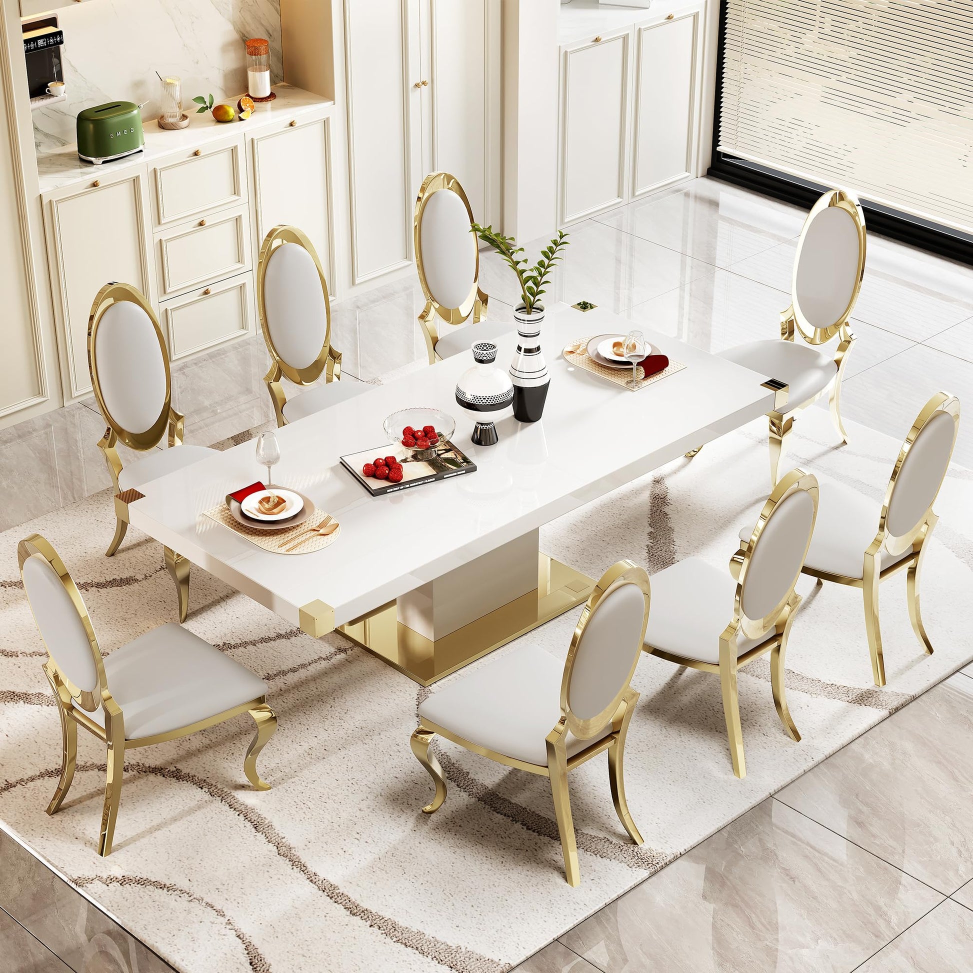 SSLine Modern White Wood Dining Table for 8-10 Rectangle Long Kitchen Table for 8 Luxury 79" Wood Top Dining Room Table with Pillar Gold Steel Pedestal Base Large Home Office Meeting Table - WoodArtSupply