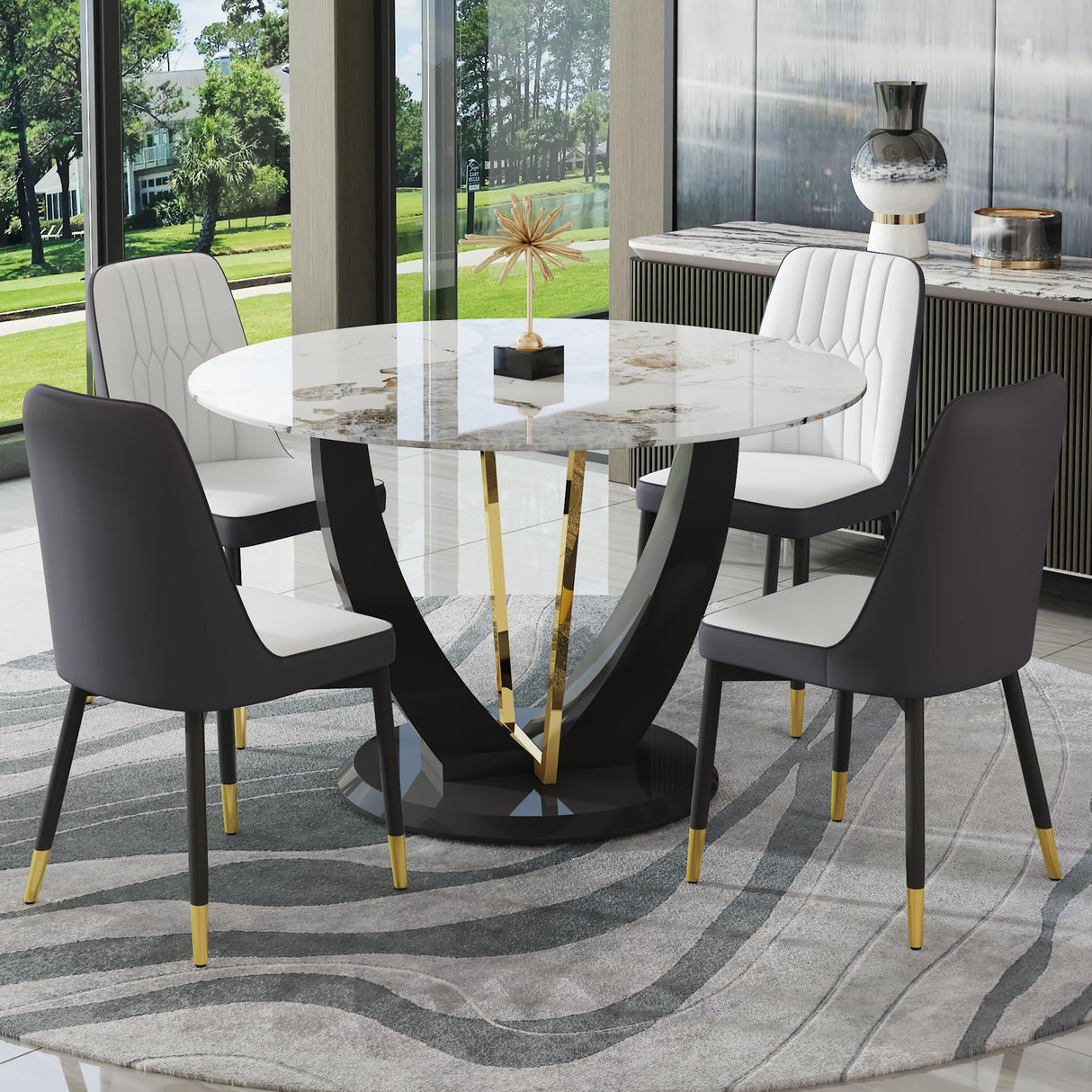 JUFU Round Dining Table Set for 4, 48" Dining Room Table with Faux Marble Tabletop and 4 Upholstered Chairs,Modern Round Kitchen Table Chairs Set for Dinning Room, Living Room, Cafe, Restaurant JUFU