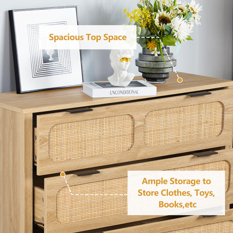 LEVNARY 5 Drawer Chest Dresser, Rattan Tall Dresser 5 Chest of Drawers for Bedroom, Wood Storage Cane Cabinet with Metal Handles, for Living Room, Hallway, Nursery (Natural) LEVNARY