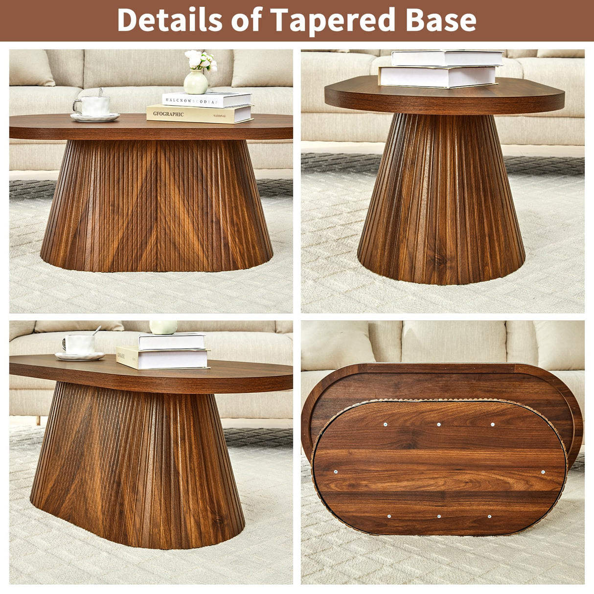 Fluted Coffee Table with Sturdy Tapered Base, Wood Oval Small Coffee Table, Mid Century Modern Center Table for Living Room Office (Walnut 1) FurSch