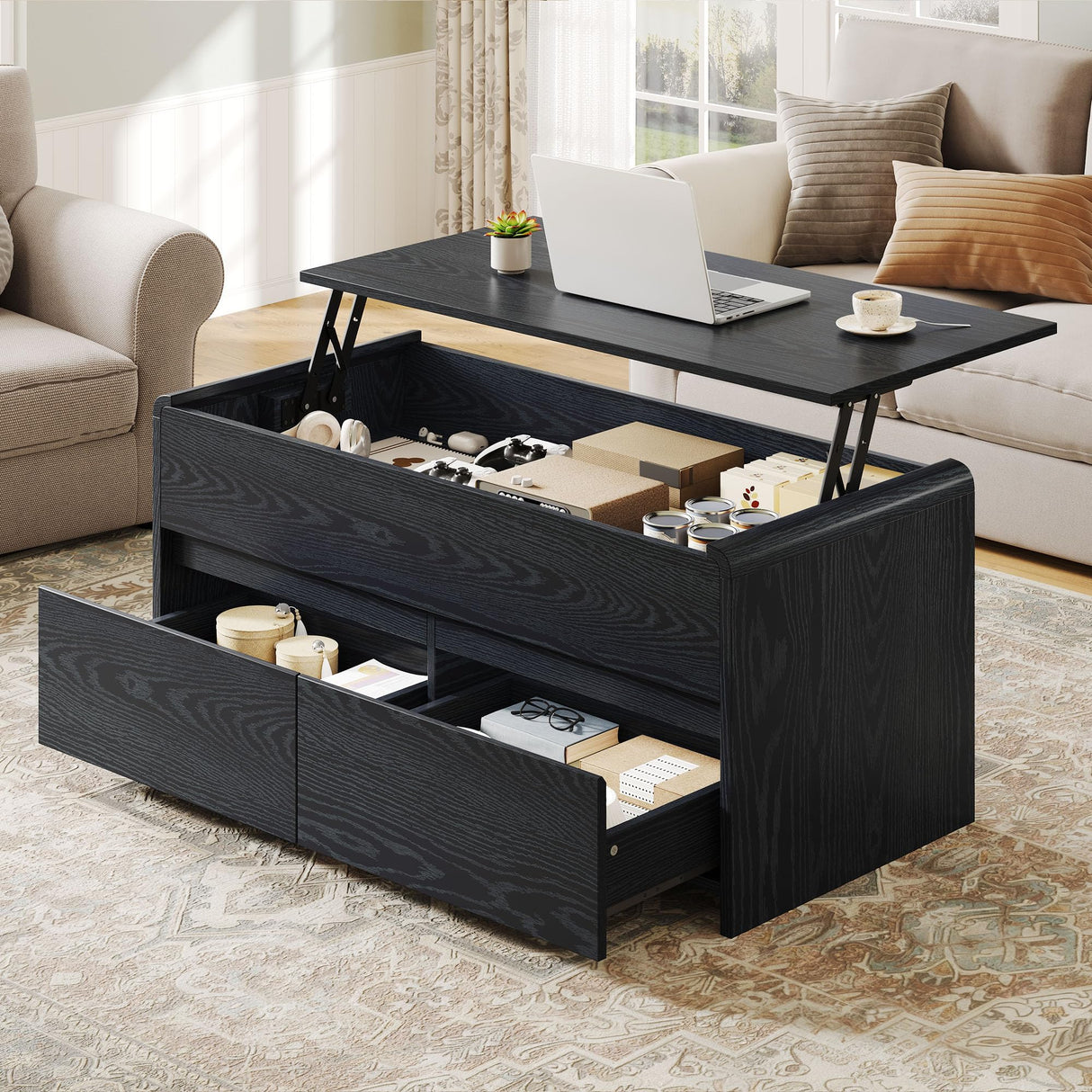 Homiflex Coffee Table Lift Top, 40 Inch Multi-Function Coffee Table with 2 Drawers, Hidden Compartment, Curved Profile Design, Converts to Home Office Table, Dining Table for Living Room, Black Homiflex