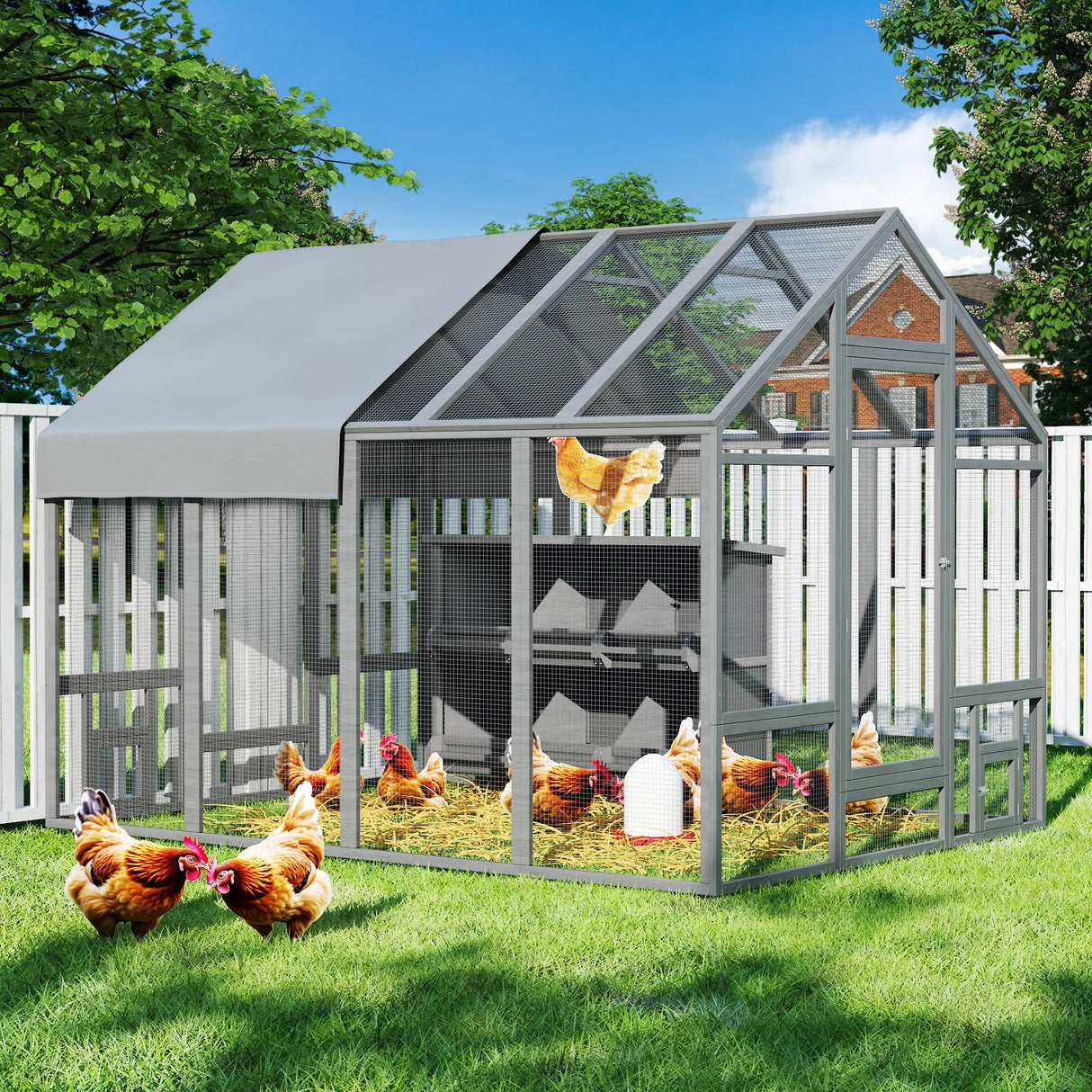 TRYKERPET Large Wood Chicken Coop with Nesting Box, Wooden Chicken Coop with Run, Outdoor Walk-in Poultry Cage with Weatherproof Cover, Chicken House for Outside Farm Backyard TRYKERPET
