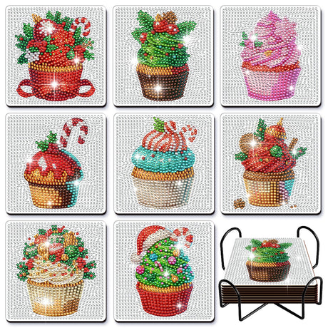 DIY Diamond Art Painting Fashion Coasters with Holder for Adults (Christmas Cupcake Coasters) YIMORE