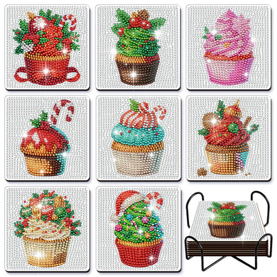 DIY Diamond Art Painting Fashion Coasters with Holder for Adults (Christmas Cupcake Coasters)