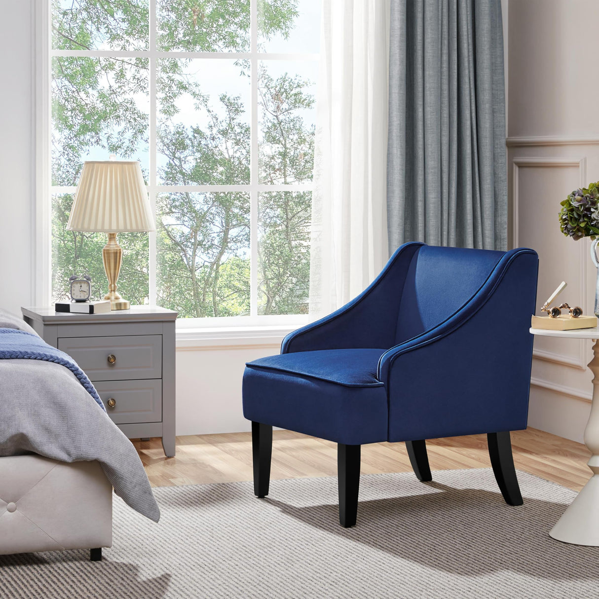 Yaheetech Mid-Century Accent Chair, Velvet Club Chair with Pocket, Wood Frame Comfy Barrel Chair for Living Room/Waiting Room/Bedroom, Blue Yaheetech