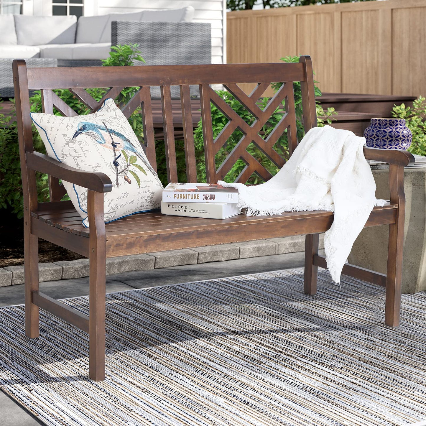 Sophia & William Walnut Outdoor Garden Bench - 47" Weatherproof Wooden Patio Seating with Backrest - WoodArtSupply