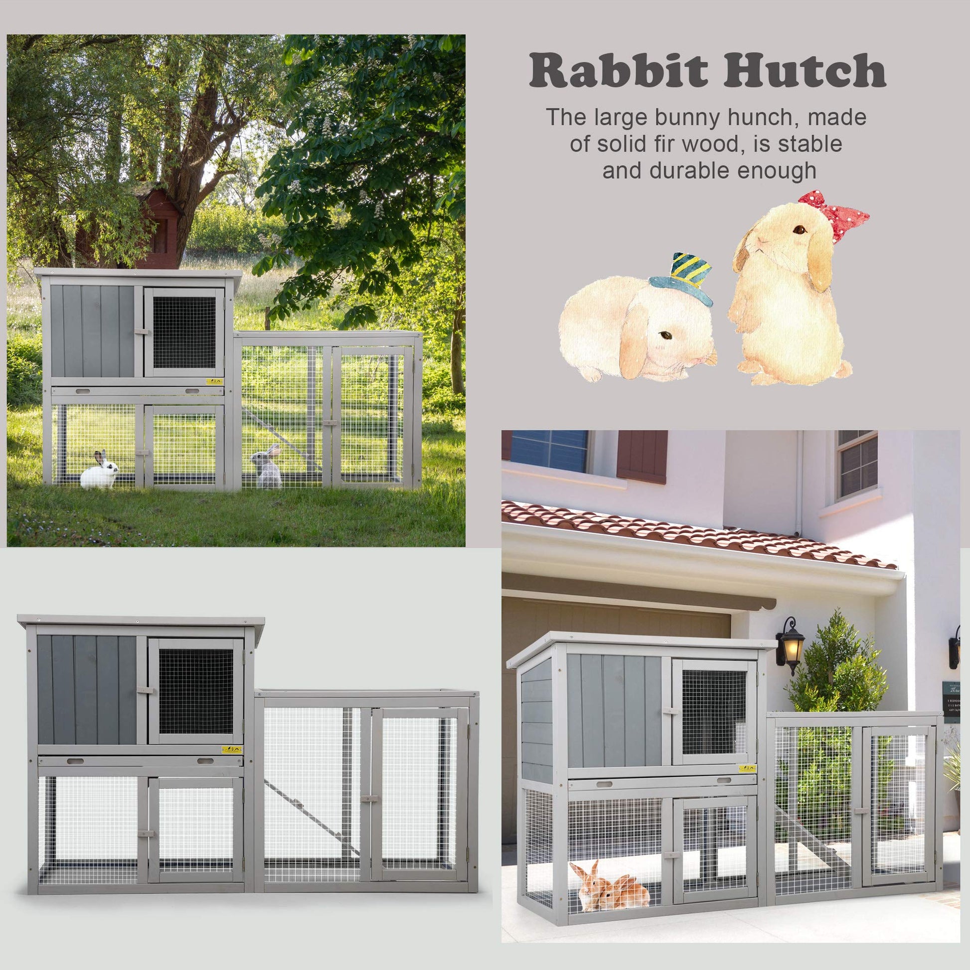 COZIWOW Assembled 54Inch Wooden Large Rabbit Hutch Indoor with Run Durable 2 Story Small Animal House Habitat, Pet Bunny Cage Outdoor with Cleaning Tray, for Bunny Chick Duck Hamster (Grey) - WoodArtSupply