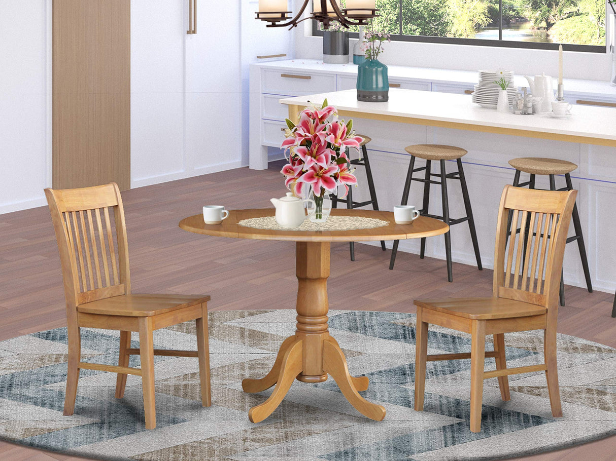 East West Furniture Dublin 3 Piece Modern Set Contains a Round Wooden Table with Dropleaf and 2 Dining Chairs, 42x42 Inch, DLNO3-OAK-W East West Furniture