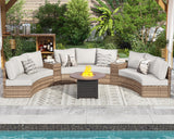 PaPaJet 11-Piece Patio Furniture Set, Half-Moon Outdoor Wicker Sectional Sofa with Large Storage Wedge Table, All-Weather Wicker Conversation Set for Backyard, Garden, or Deck, Beige PaPaJet