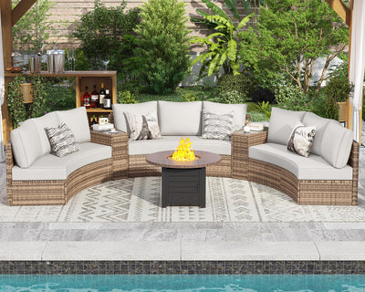 PaPaJet 11-Piece Patio Furniture Set, Half-Moon Outdoor Wicker Sectional Sofa with Large Storage Wedge Table, All-Weather Wicker Conversation Set for Backyard, Garden, or Deck, Beige