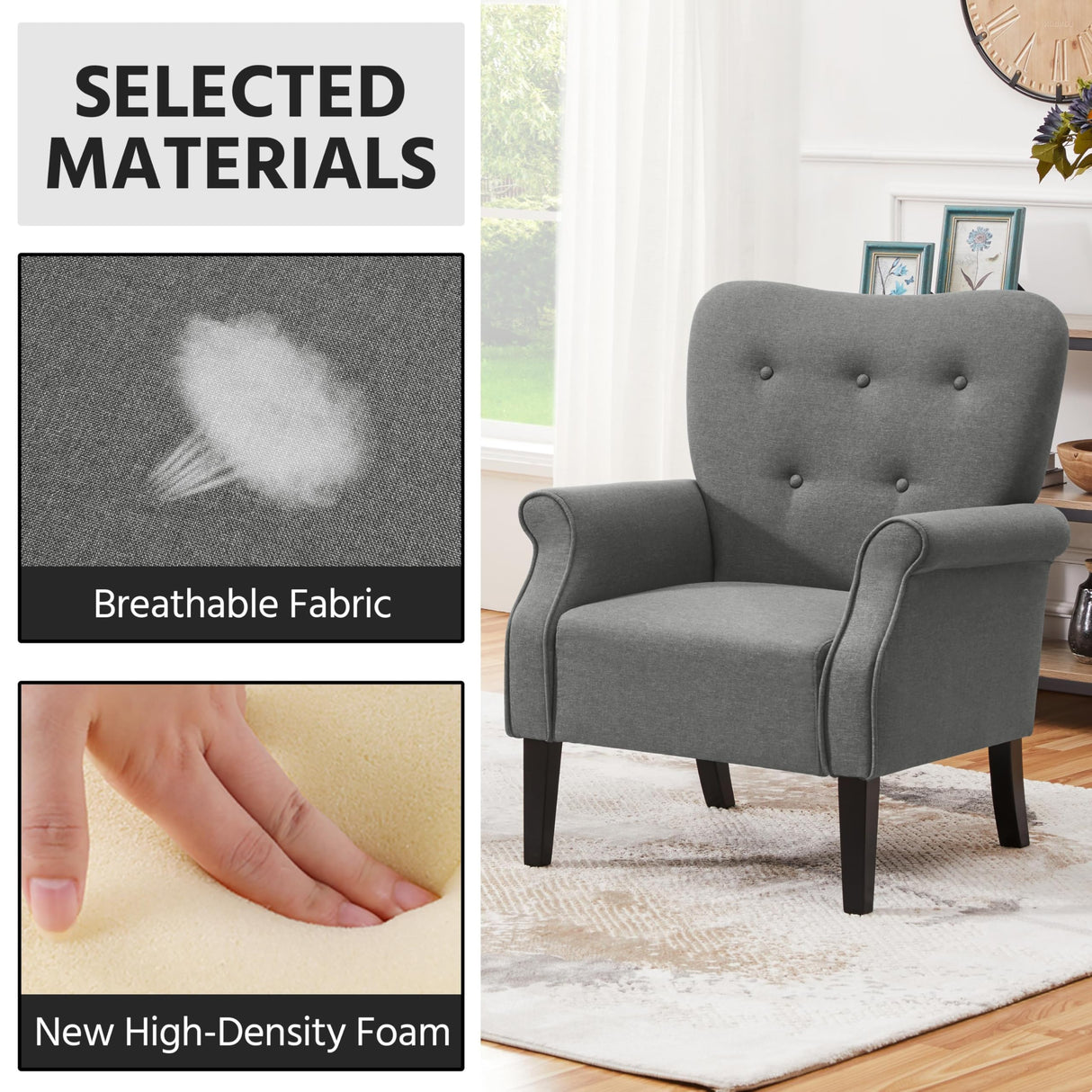 Yaheetech Modern Armchair, Mid Century Accent Chair with Sturdy Wood Legs and High Back for Small Space, Upholstered Fabric Sofa Club Chair for Living Room/Bedroom/Office, Set of 2, Dark Gray Yaheetech