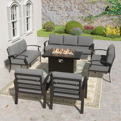 Kullavik Aluminum Patio Furniture Set,6 Pieces 9 Seat Metal Outdoor Furniture Conversation Set w/45 Propane Gas Fire Pit,Grey