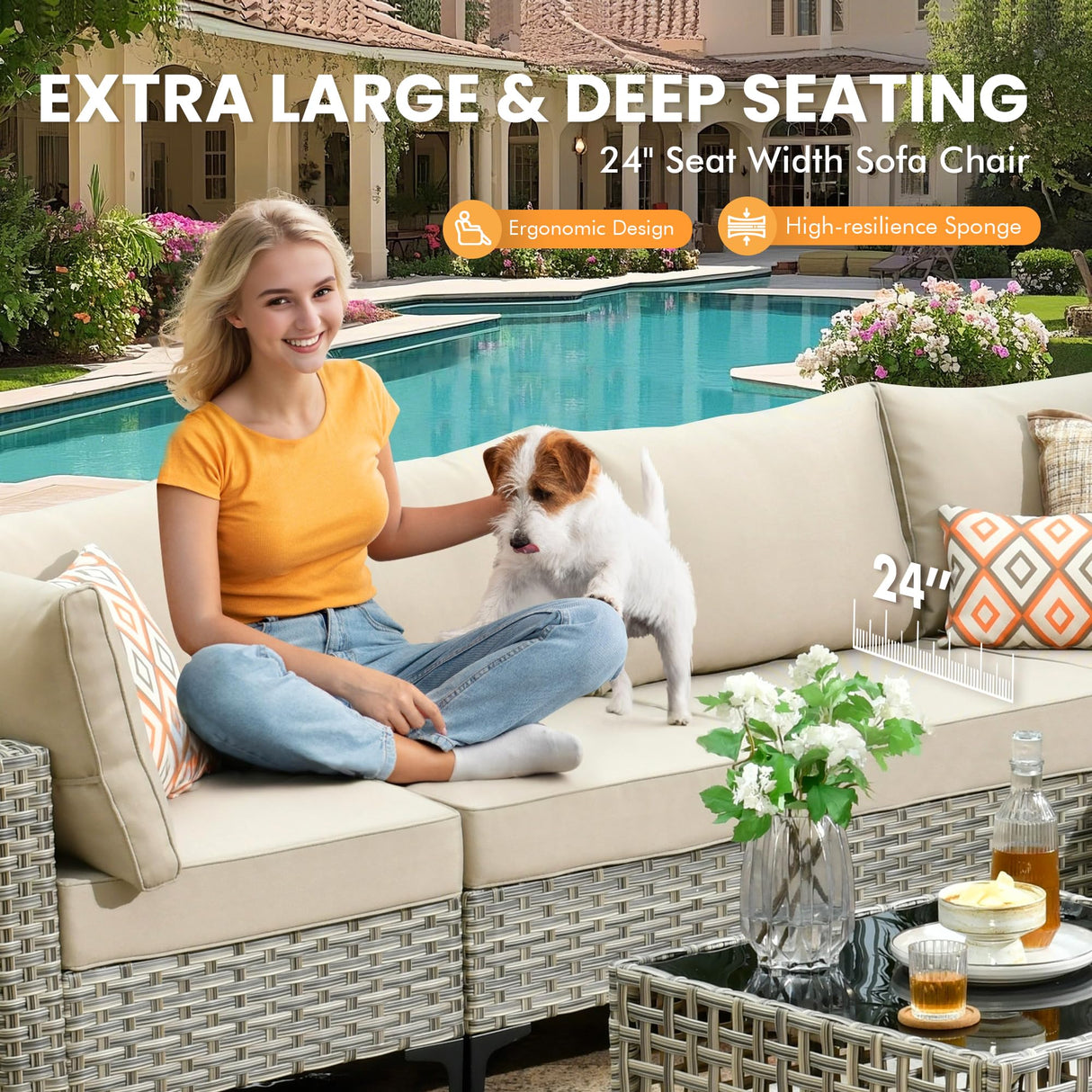 Outdoor Sectional Patio Furniture Set with Glowing Table,7 Pieces Wicker Conversation Sets L Shaped Couch Out Door Sofa Set Outside Furniture for Garden Deck Yard Porch,Beige POUUIN