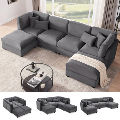 Huatean Home 125 Inch Oversized Corduroy Modular Sectional Sofa, U Shaped Modular Couch with Storage, 6 Seat Convertible Corduroy Couch, Comfy Sectional Couches for Living Room with Memory Foam, Grey Huatean Home