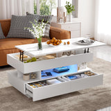 KUVADAZ 39.3" Lift Top Coffee Table with 2 Drawers and LED Lights, Modern Rectangular High-Gloss Center Table Cocktail Tea Table with Lift-Top and Hidden Space for Living Room Apartment White KUVADAZ