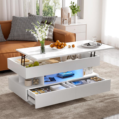 KUVADAZ 39.3" Lift Top Coffee Table with 2 Drawers and LED Lights, Modern Rectangular High-Gloss Center Table Cocktail Tea Table with Lift-Top and Hidden Space for Living Room Apartment White