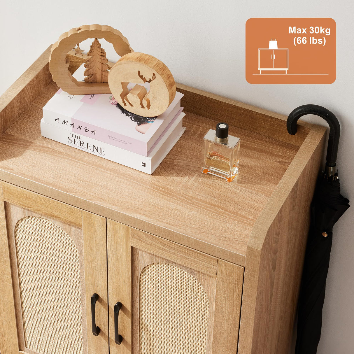 Mericonia Shoe Cabinet Storage for Entryway, Natural Rattan Shoe Storage Cabinet, Wooden Shoe Rack Cabinet, Farmhouse Boho Wood Shoe Organizer Cabinet for Hallway Mericonia