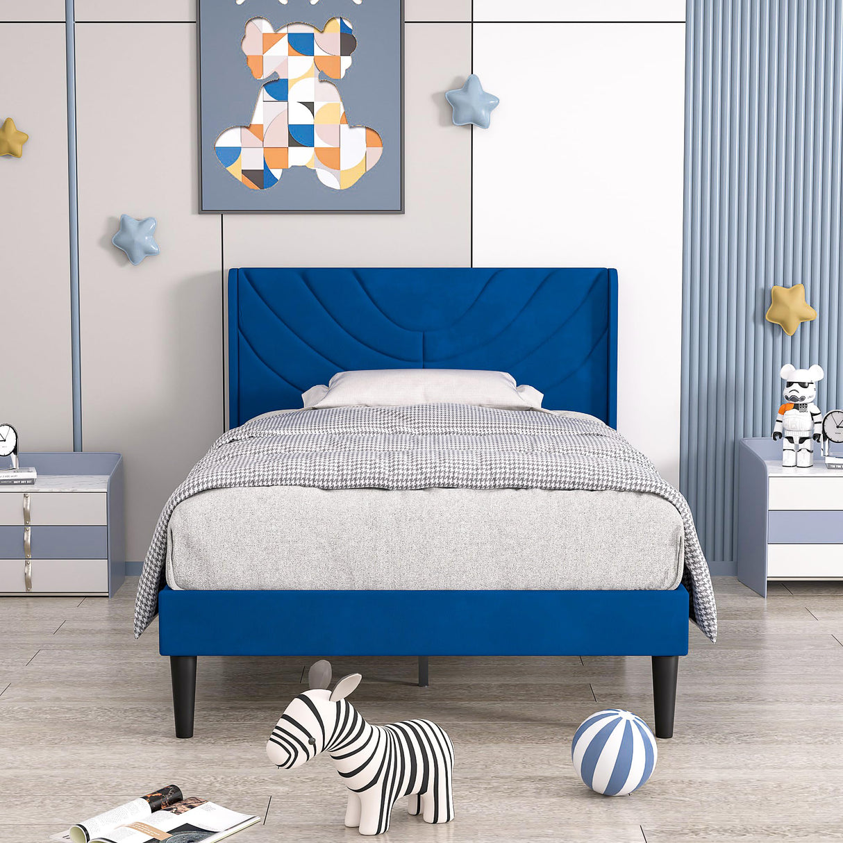 VECELO Twin Upholstered Platform Bed Frame with Fabric Headboard,Wooden Slats Support/No Box Spring Needed/Mattress Foundation,Dark Blue VECELO