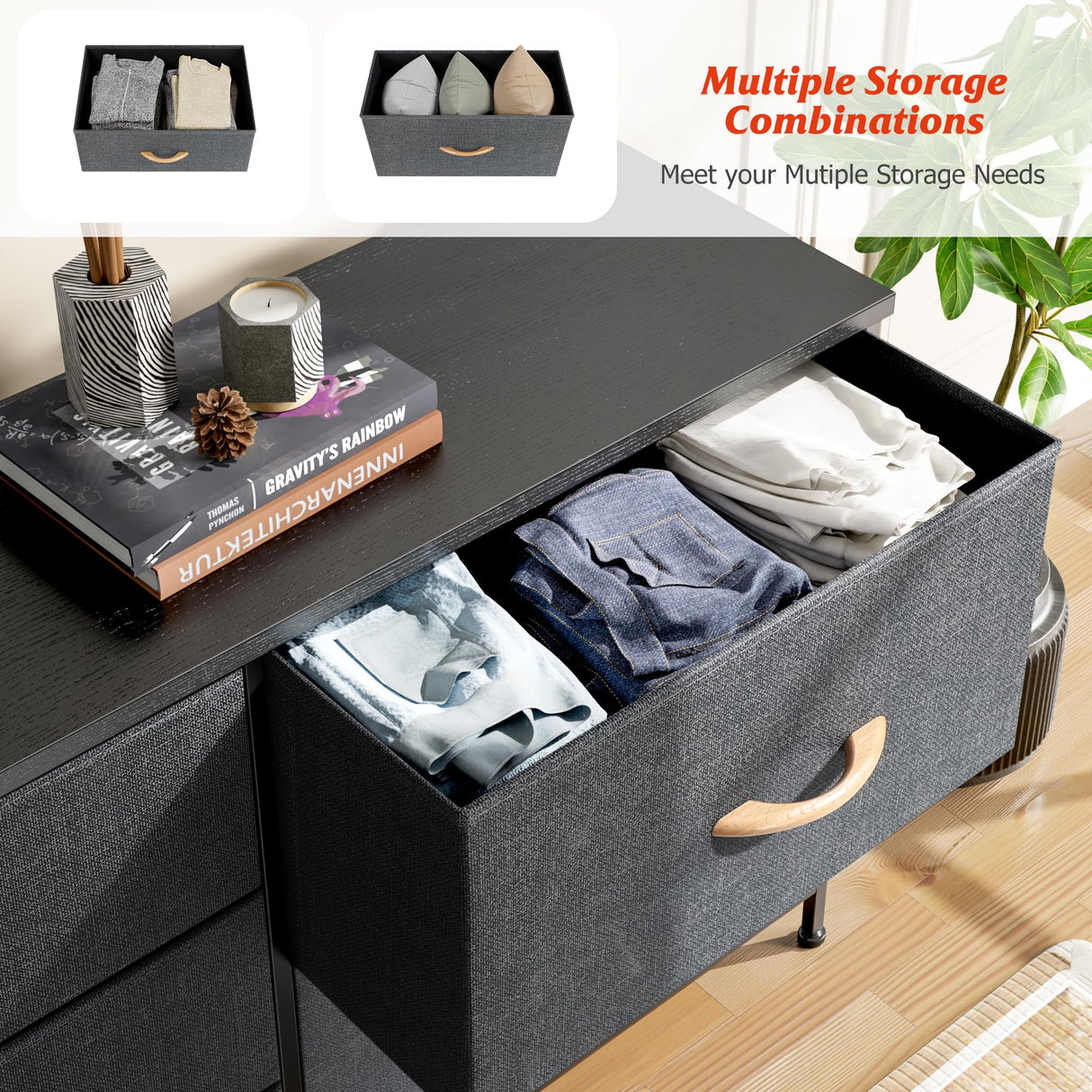 Nicehill Dresser for Bedroom with 5 Drawers, Storage Drawer Organizer, Wide Chest of Drawers for Closet, Clothes, Kids, Nursery, TV Stand with Storage Drawers, Wood Board, Fabric Drawers (Black Grey) Nicehill