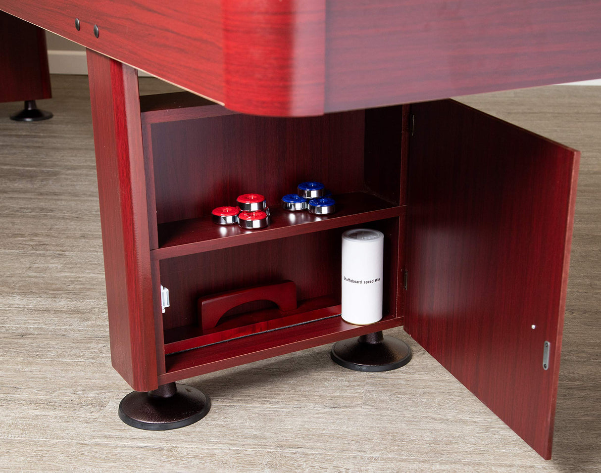 Challenger Shuffleboard Table with Dark Cherry Finish, Hardwood Playfield, Storage Cabinets, Climate Adjusters, Leg Levelers, 8 Pucks, Brush and Wax Hathaway