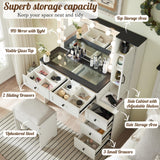 ACCOHOHO Farmhouse Vanity Desk with Mirror and Lights, 43" Wide Makeup Vanity with Glass Tabletop and Charging Station, Modern Vanity Table Set with Storage and Stool for Bedroom, Off White ACCOHOHO