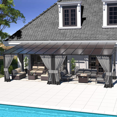 Kurapika 10’ x 24’ Gazebo, Wall Mount Gazebo Outdoor Pergola, Hardtop Lean to Gazebo Canopy Awnings with Sloped Roof and Sturdy Steel Frame, for Patio, Porch, Deck, Backyard(Grey) Kurapika