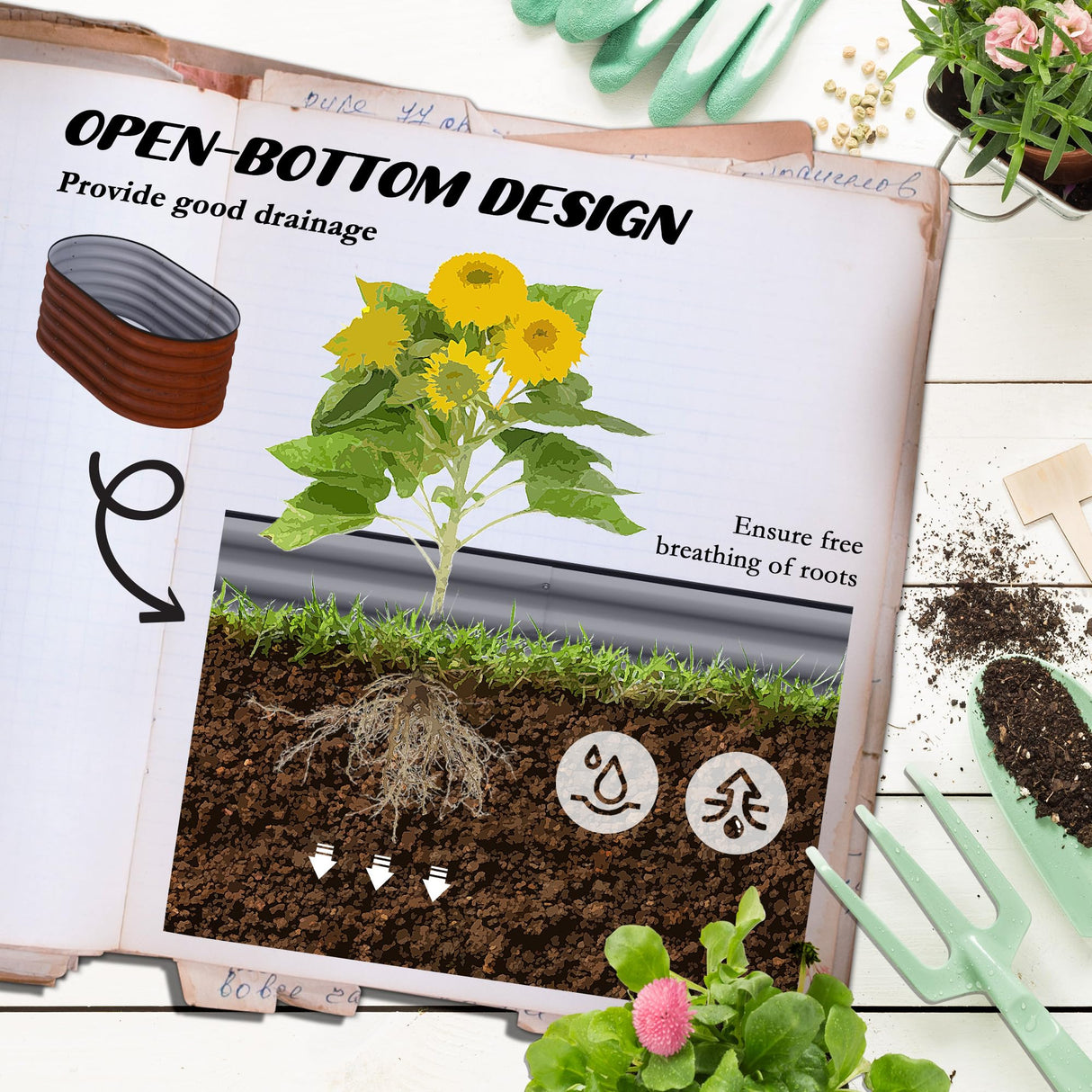 Outsunny 3.5' x 2' x 1.4' Galvanized Raised Garden Bed Kit, Outdoor Metal Elevated Planter Box with Safety Edging, Easy DIY Stock Tank for Growing Flowers, Herbs & Vegetables, Brown Outsunny